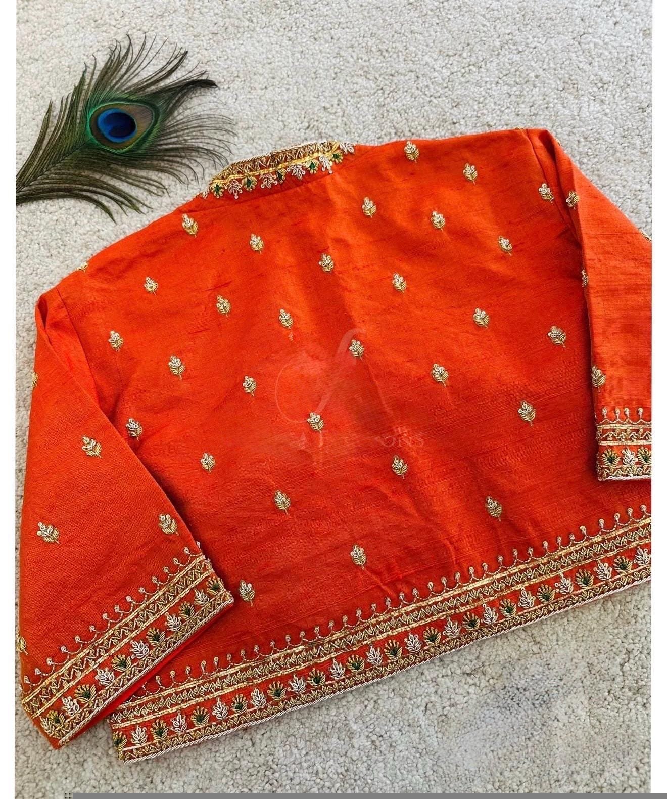 pure silk hand embroidery blouse/orange saree maggam blouse/raw silk zardosi blouse/hand embroidered blouse/ready made blouse/orange blouse