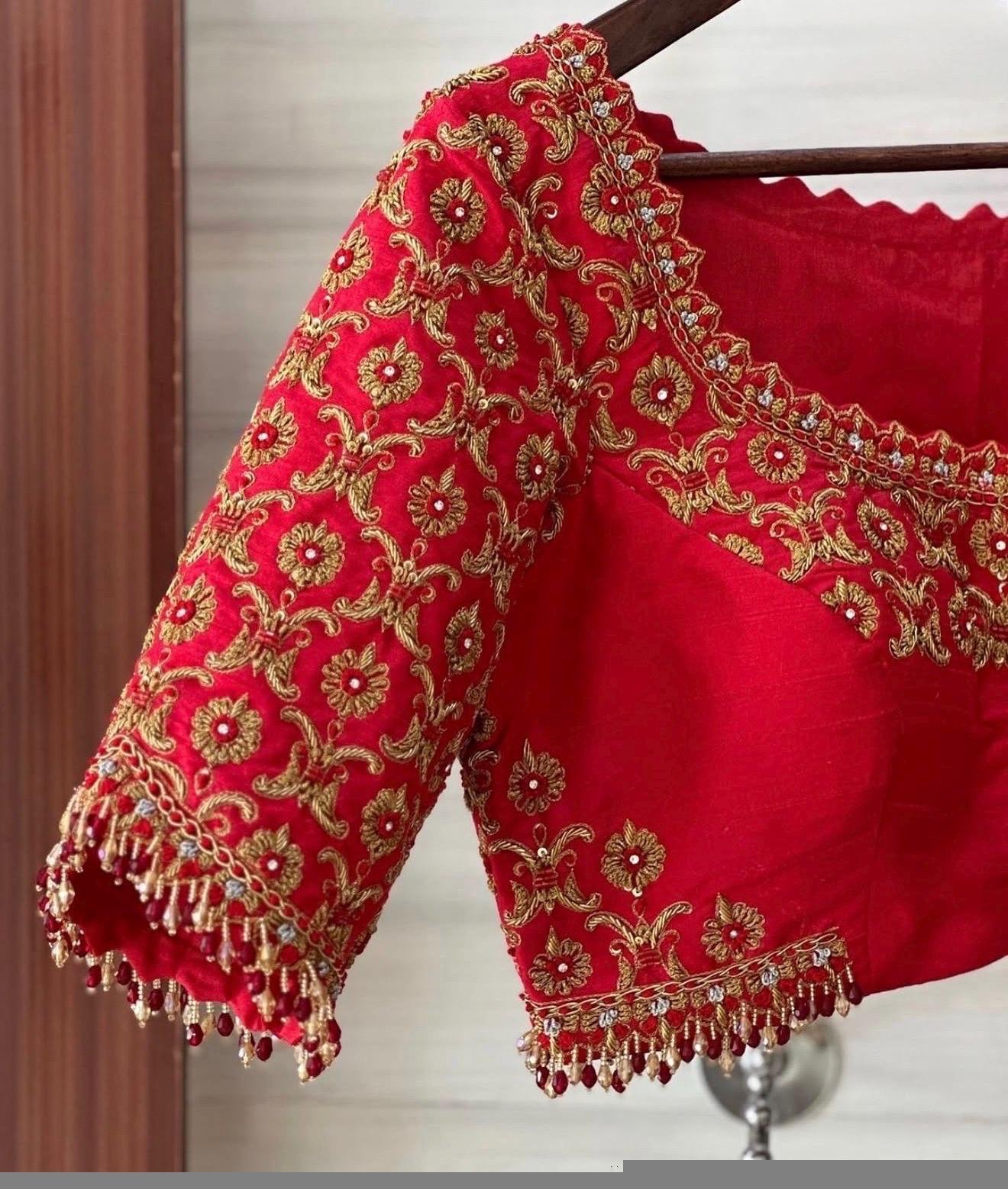 Red Silk Bridal Blouse: Hand Embroidered Zardosi Wedding Crop Top, bridal saree blouse,handwork blouse,bridal wedding blouse,Indian blouses