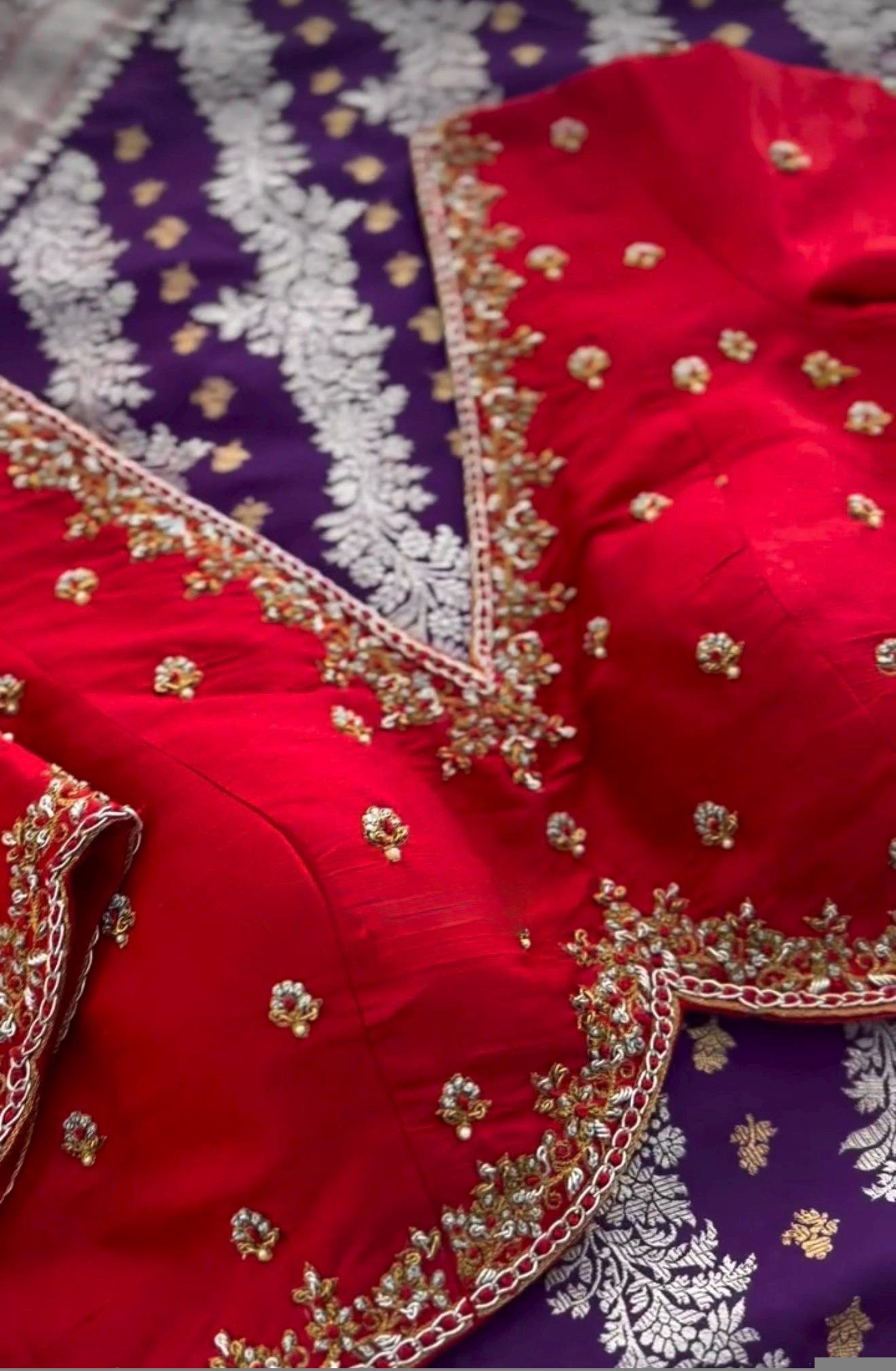 pure silk hand embroidery blouse/V neck maggam blouse/red kundan blouse/red hand embroidered blouse/red maggahand work ready made blouse USA