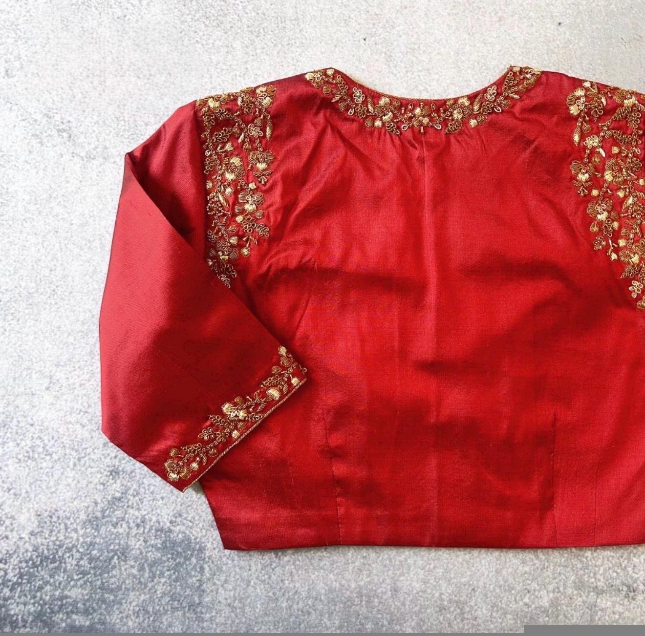 pure silk hand embroidery blouse / saree maggam blouse / red raw silk zardosi blouse / hand embroidered blouse / ready made blouse zardosi/
