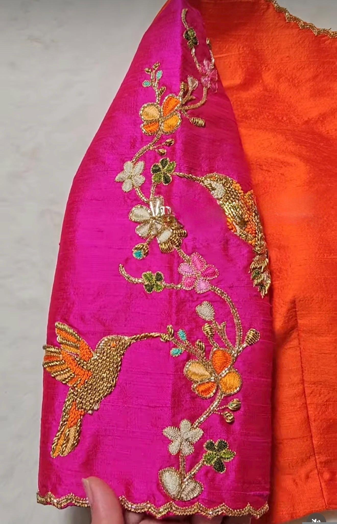 pure silk hand embroidery blouse/orange saree maggam blouse/raw silk zardosi blouse/hand embroidered blouse/ready made blouse/orange blouse