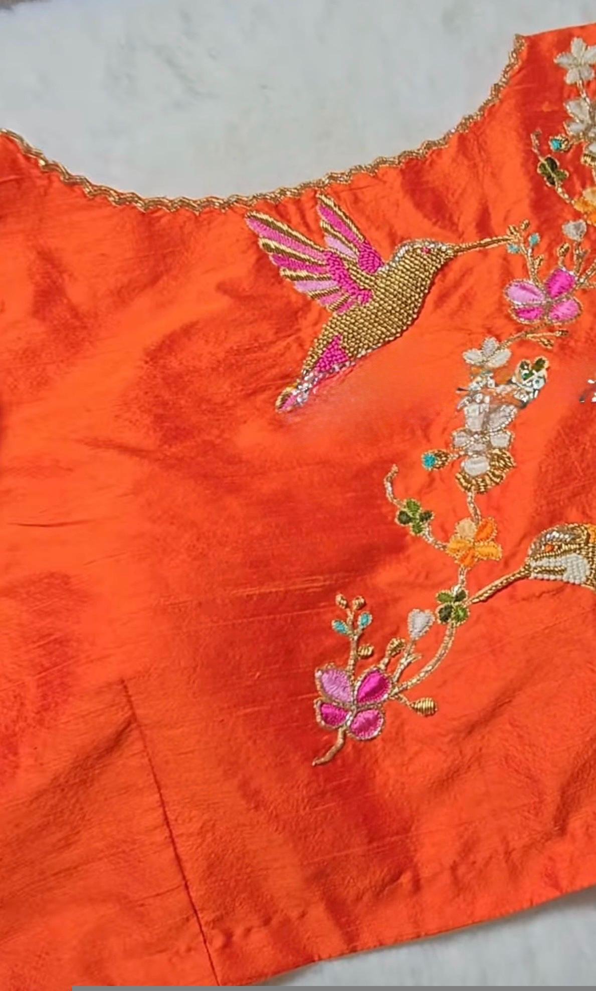 pure silk hand embroidery blouse/orange saree maggam blouse/raw silk zardosi blouse/hand embroidered blouse/ready made blouse/orange blouse