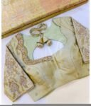Hand Embroidered Zardosi Silk Blouse: Light Gold Maggam Work,cream tissue blosue,high neck blouse,saree blouses,mix and match saree blouse