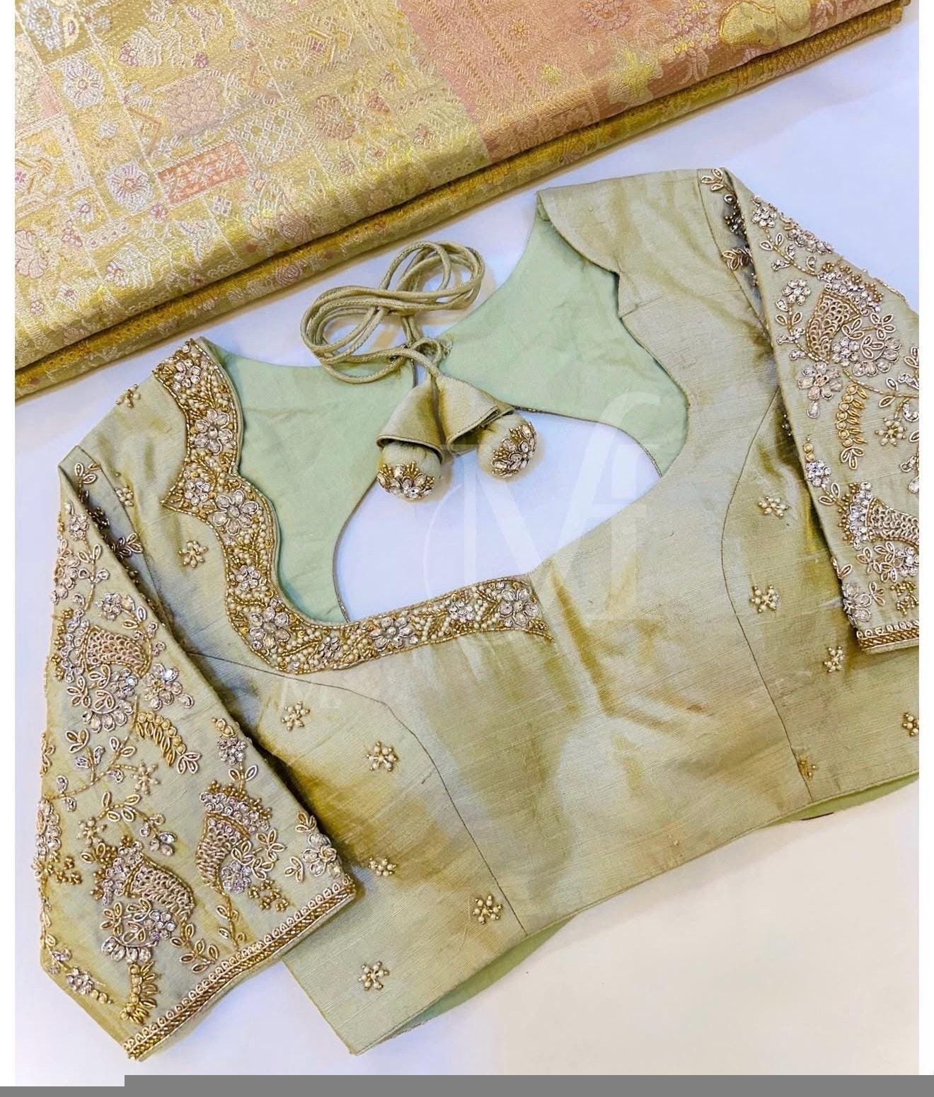 Hand Embroidered Zardosi Silk Blouse: Light Gold Maggam Work,cream tissue blosue,high neck blouse,saree blouses,mix and match saree blouse