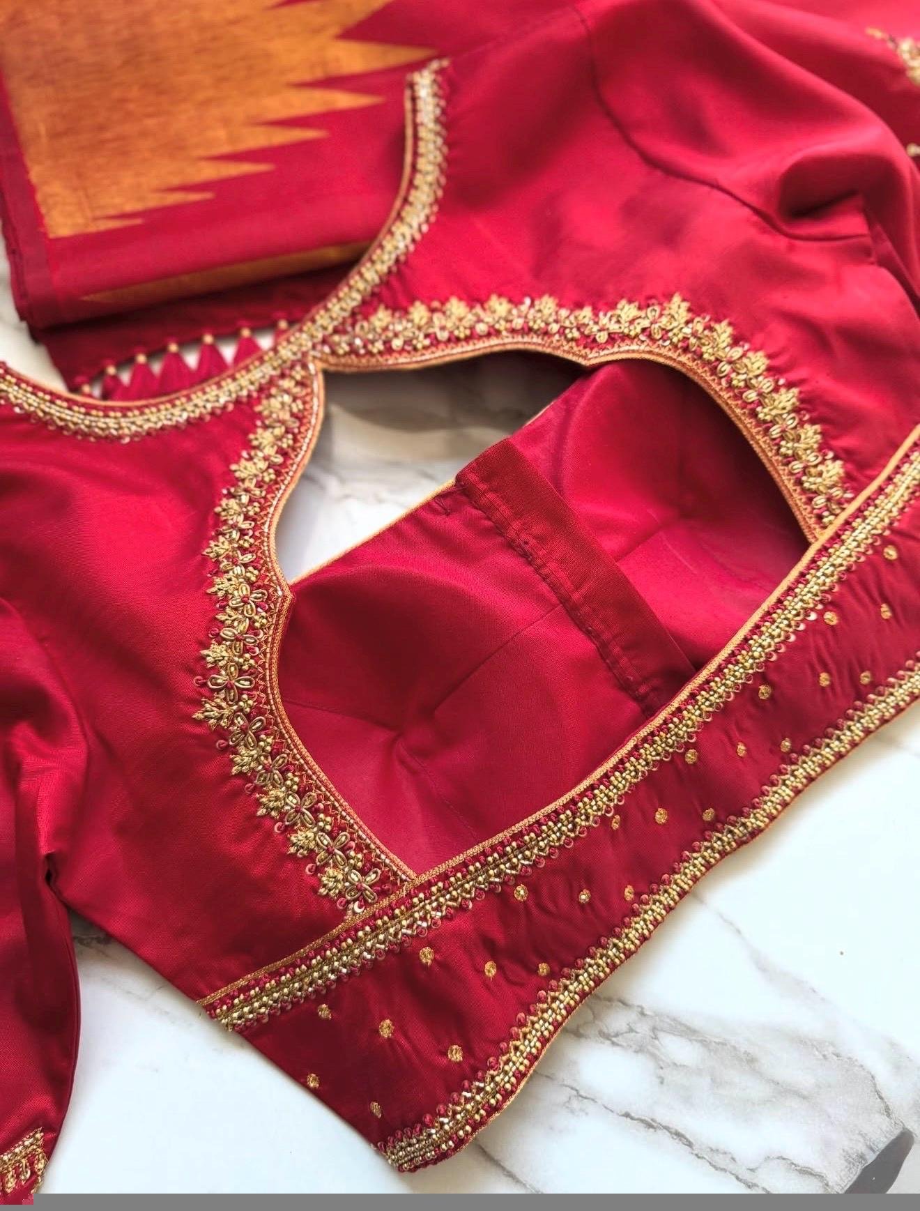 pure silk red hand embroidery blouse/saree maggam blouse/raw silk zardosi blouse/pure red hand embroidered blouse/ready made red blouse usa