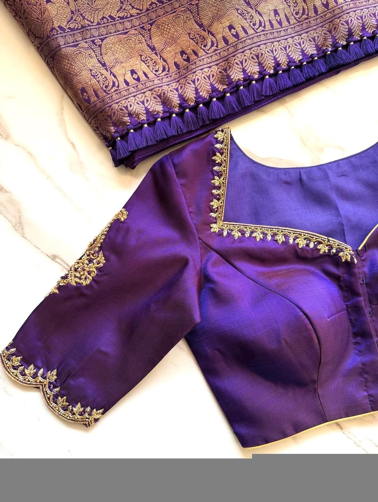 Purple Silk Hand Embroidered Saree Blouse: Zardosi Maggam Work, plus size blouses,handwork blouse,purple maggam blouse,Mix and match blouse