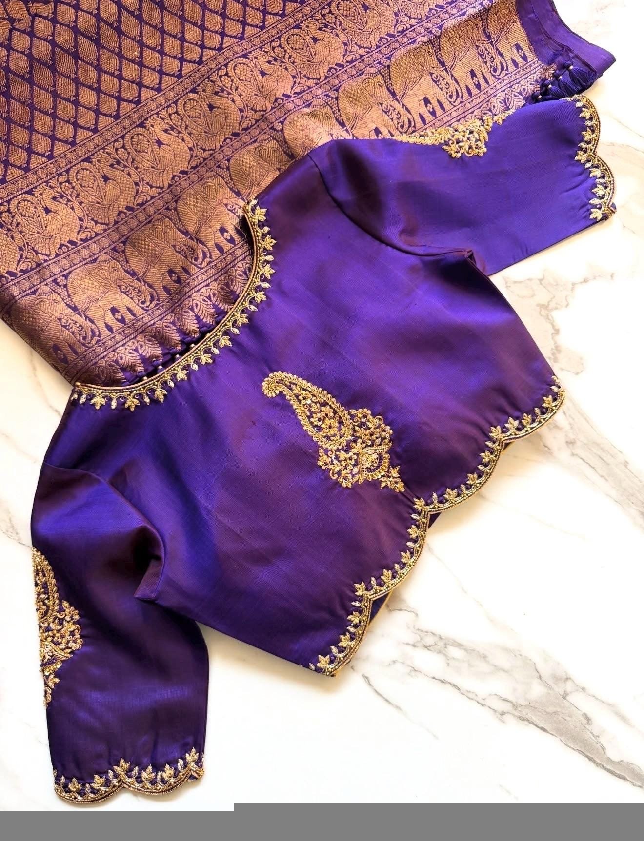 Purple Silk Hand Embroidered Saree Blouse: Zardosi Maggam Work, plus size blouses,handwork blouse,purple maggam blouse,Mix and match blouse