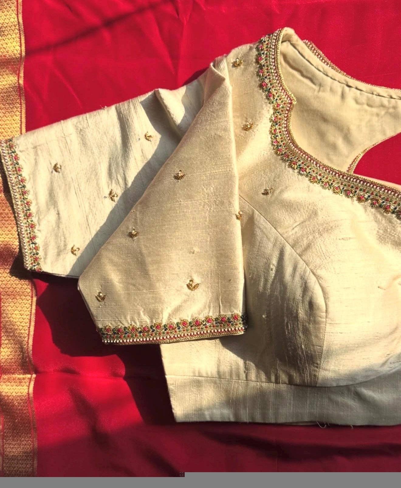 pure silk hand embroidery blouse/cream saree maggam blouse/raw silk zardosi blouse/hand embroidered blouse/cream ready made blouse zardosi