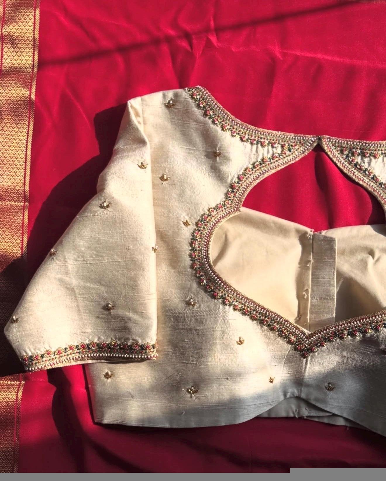 pure silk hand embroidery blouse/cream saree maggam blouse/raw silk zardosi blouse/hand embroidered blouse/cream ready made blouse zardosi