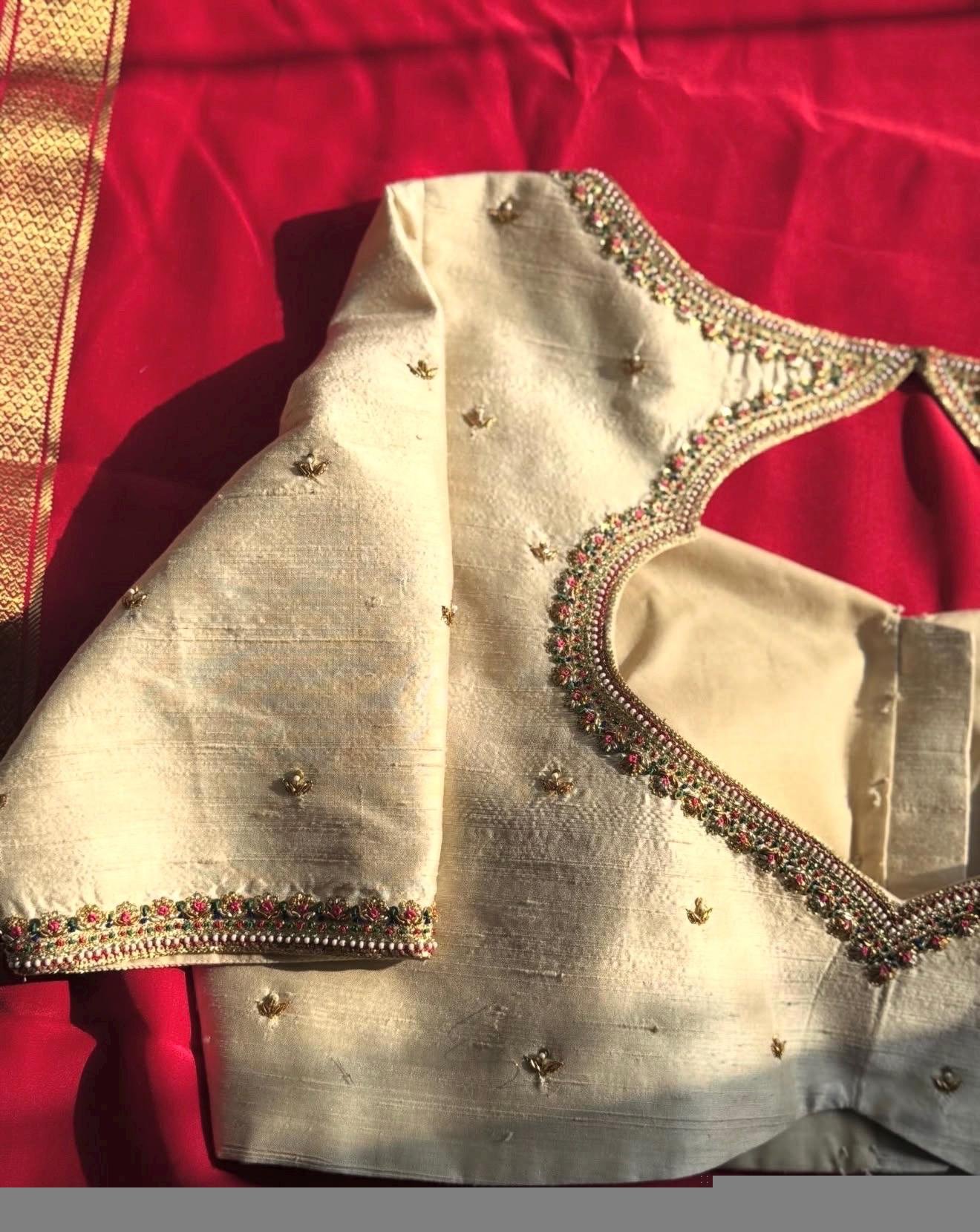 pure silk hand embroidery blouse/cream saree maggam blouse/raw silk zardosi blouse/hand embroidered blouse/cream ready made blouse zardosi