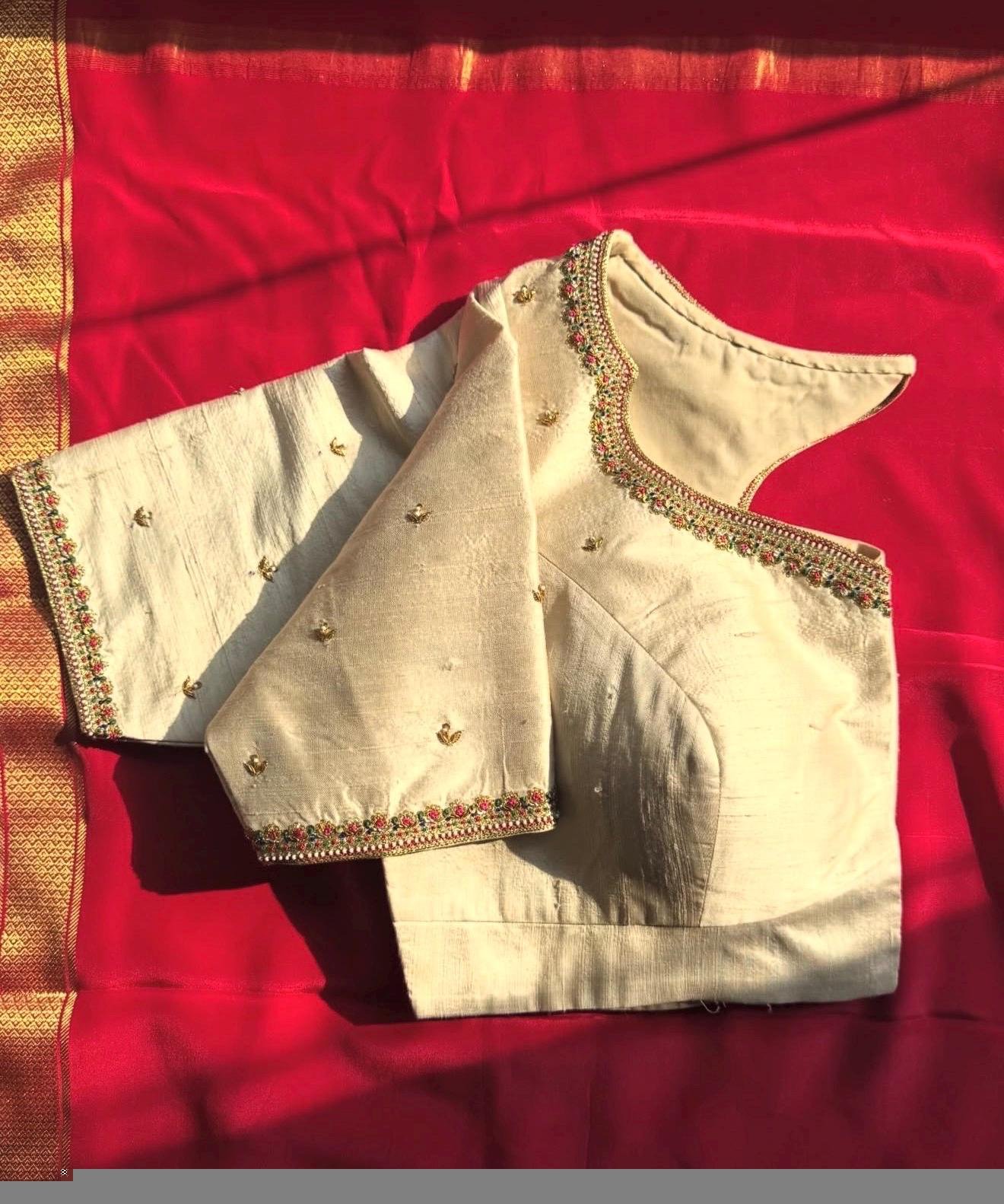 pure silk hand embroidery blouse/cream saree maggam blouse/raw silk zardosi blouse/hand embroidered blouse/cream ready made blouse zardosi