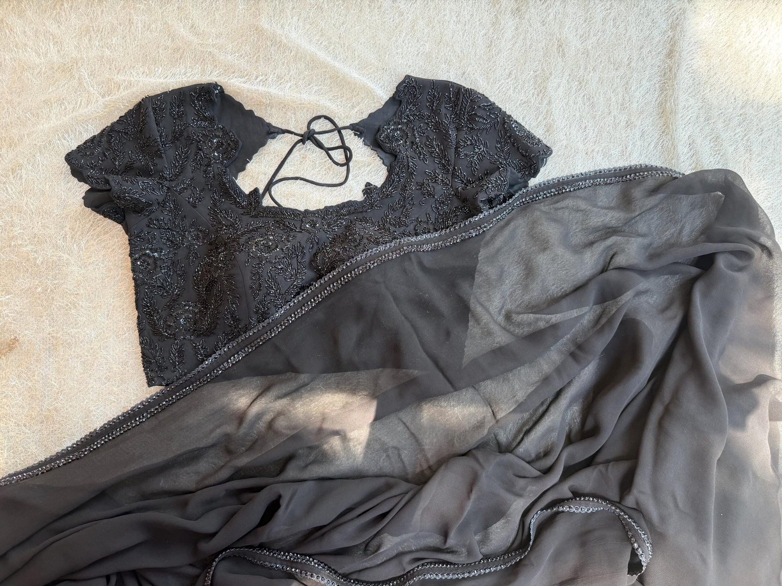 Pure silk cocktailsaree/black sari with hand embroidery/satin silk saree with designer blouse /black saree,party saree,full sleeve blouse us