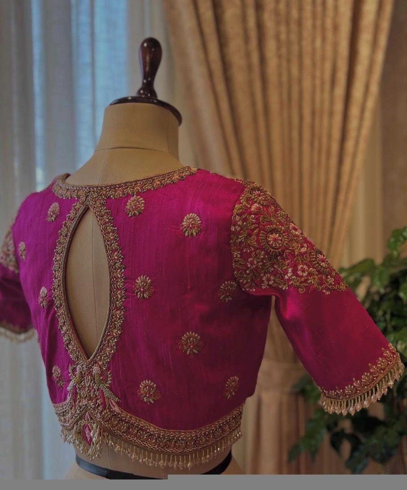 pure silk hand embroidery blouse/saree maggam blouse/hot pink zardosi blouse/hand embroidered blouse /magenta pink ready made blouse zardosi