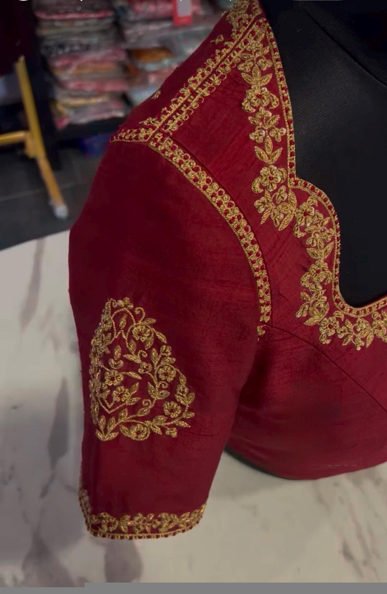 pure silk hand embroidery blouse/saree maggam blouse/red zardosi blouse/maroon red hand embroidered blouse/red ready made blouse zardosi USA