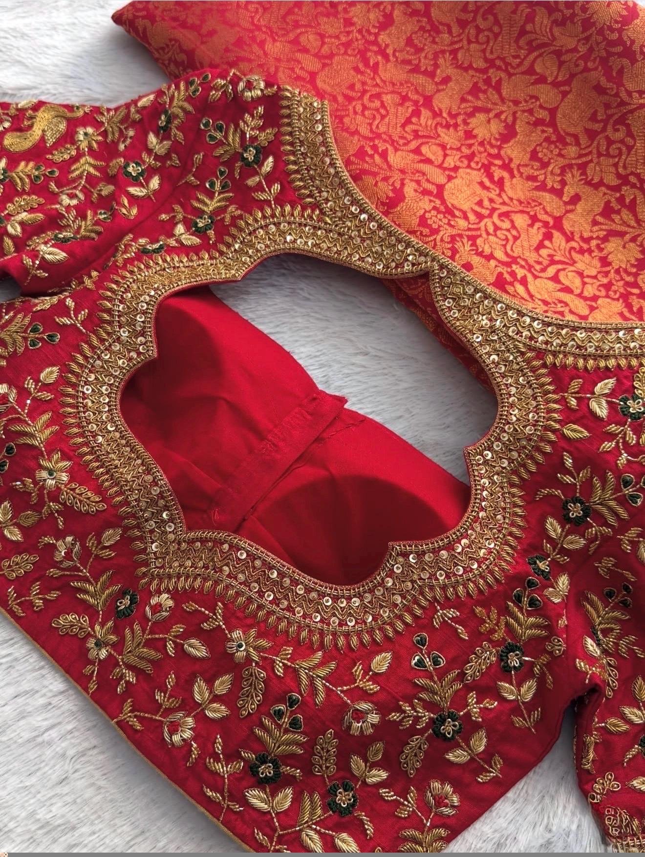 pure silk hand embroidery bridal blouse/ maggam blouse/red bridal zardosi blouse/red hand embroidered blouse/heavy embroidery wedding blouse
