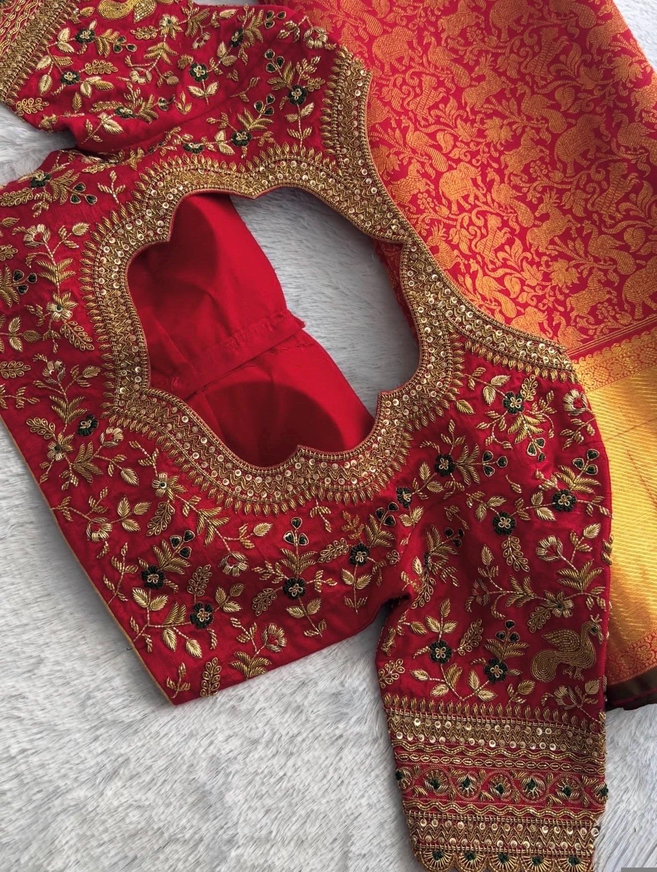 pure silk hand embroidery bridal blouse/ maggam blouse/red bridal zardosi blouse/red hand embroidered blouse/heavy embroidery wedding blouse