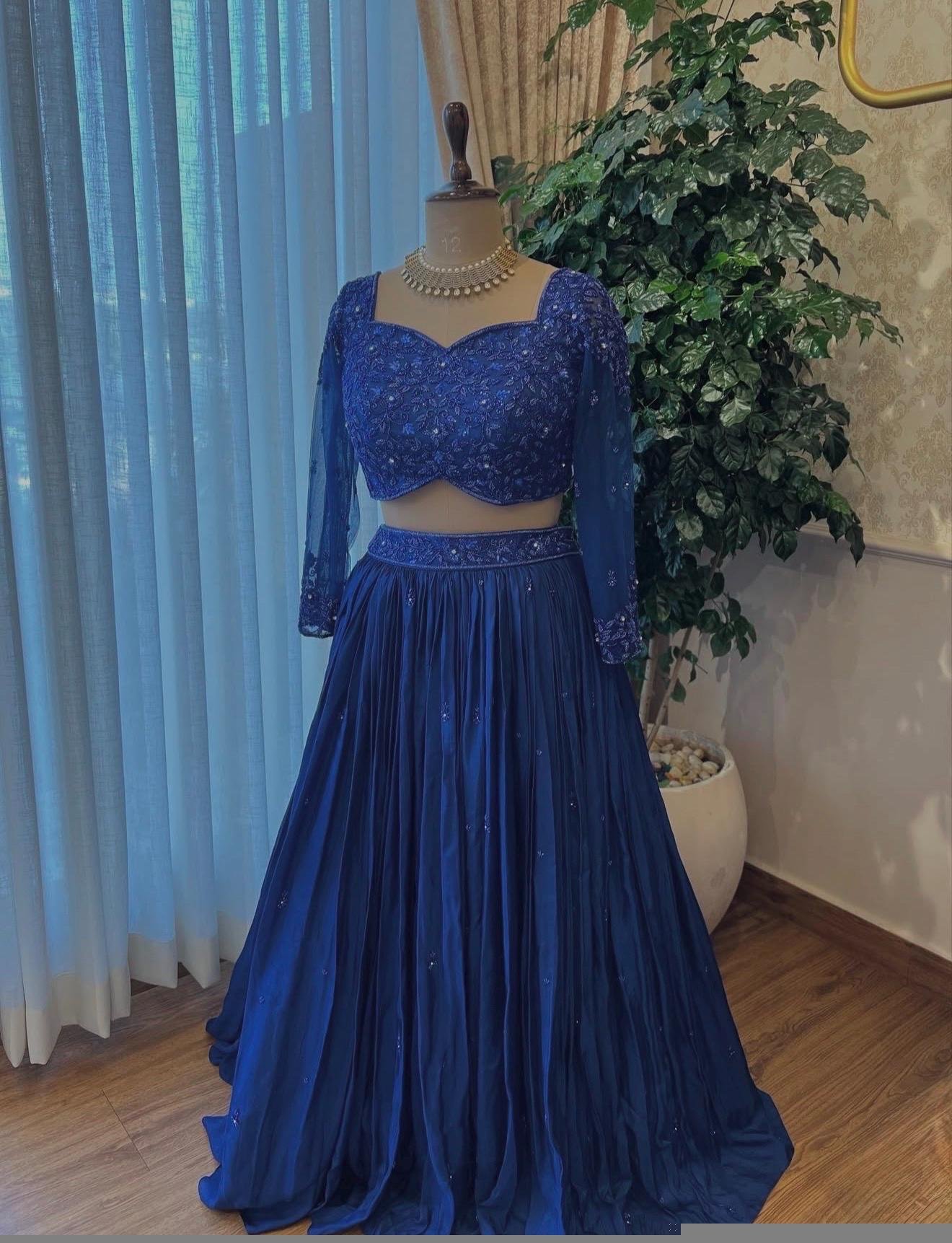 Women’s lehenga set/blue croptop lehenga/Indian crop top skirt USA/hand embroidered wedding lehenga USA/blue silk skirt/royalblue lehenga us