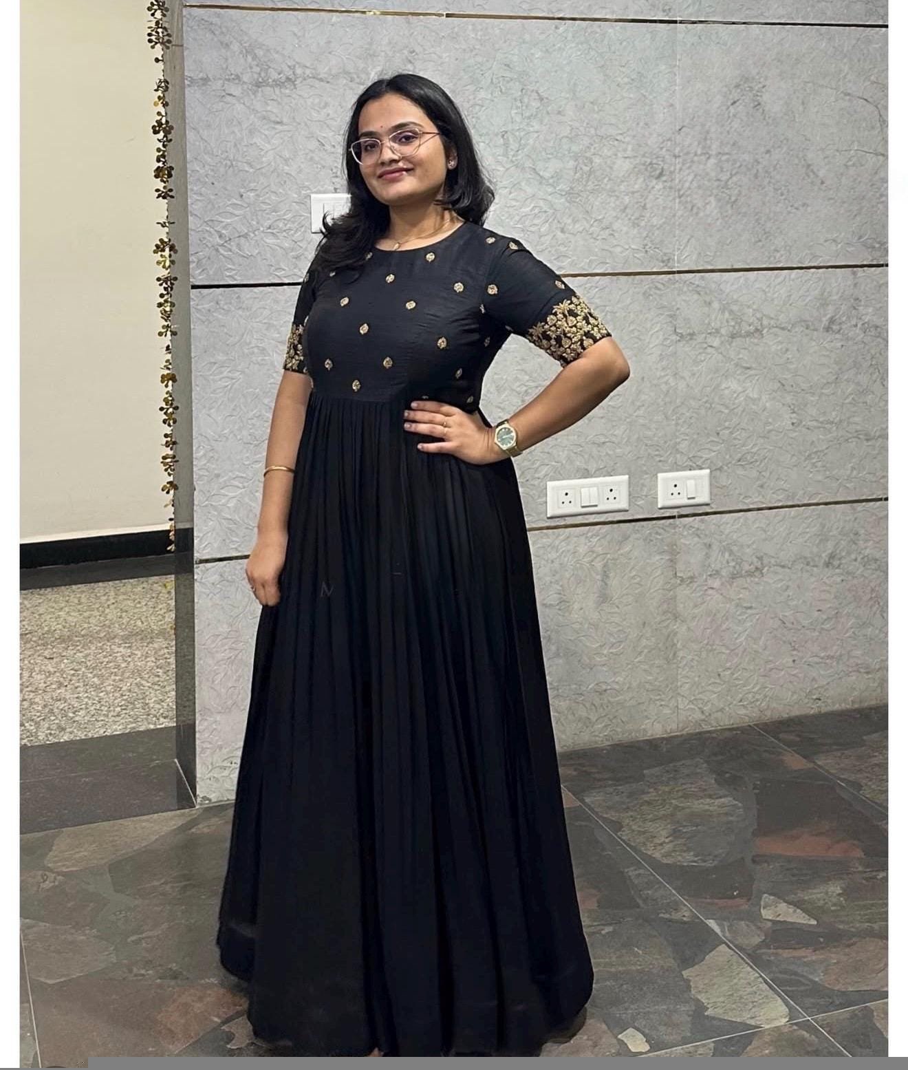 Hand Embroidered Black Anarkali Suit: Silk Chanderi Dress with Dupatta,black anarkali dress,hand work dress,Indian ethnic wear,plus size dre