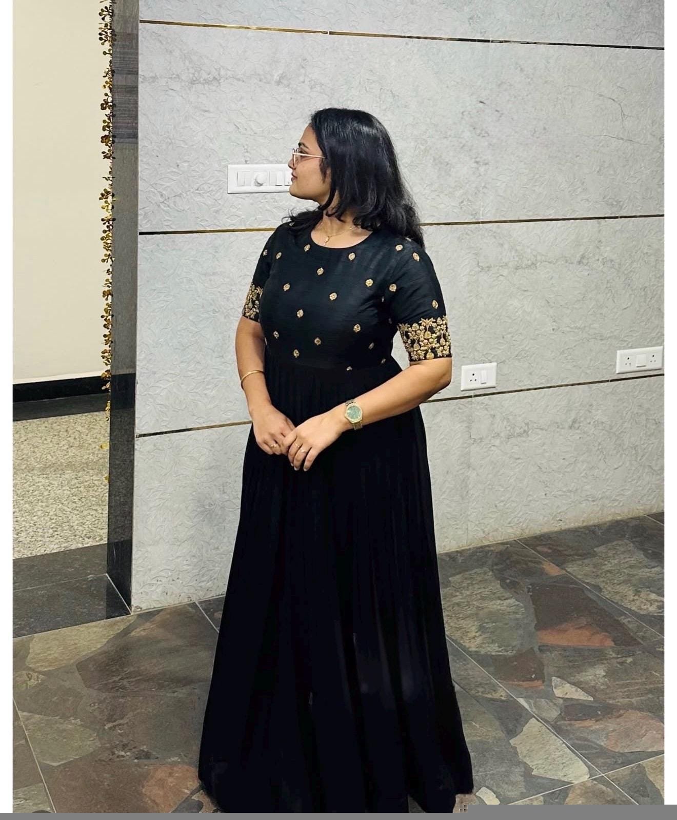 Hand Embroidered Black Anarkali Suit: Silk Chanderi Dress with Dupatta,black anarkali dress,hand work dress,Indian ethnic wear,plus size dre