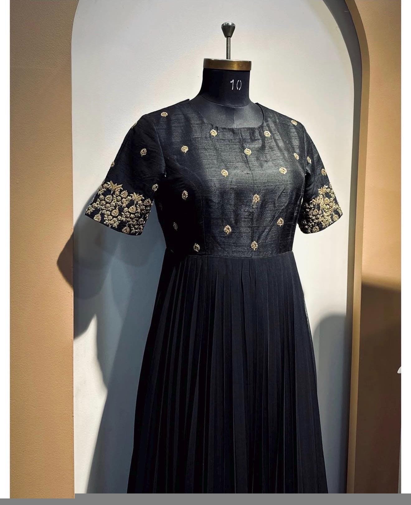 Hand Embroidered Black Anarkali Suit: Silk Chanderi Dress with Dupatta,black anarkali dress,hand work dress,Indian ethnic wear,plus size dre