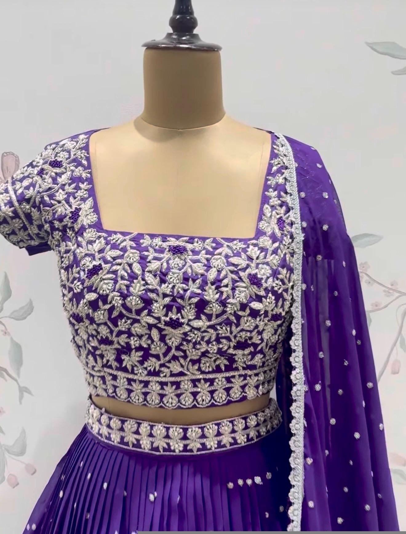 Hand Embroidered cocktail Lehenga Set/Silk Crop Top,lehenga choli with Dupatta,purple half saree lehenga,cocktail lehenga,purple skirt dup