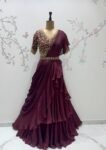 Brown Ruffle Saree: Silk Lehenga Sari with Embroidered Blouse,ready to wear sarees,cocktail saree,lehenga saree,ruffle saree belt,modern sar