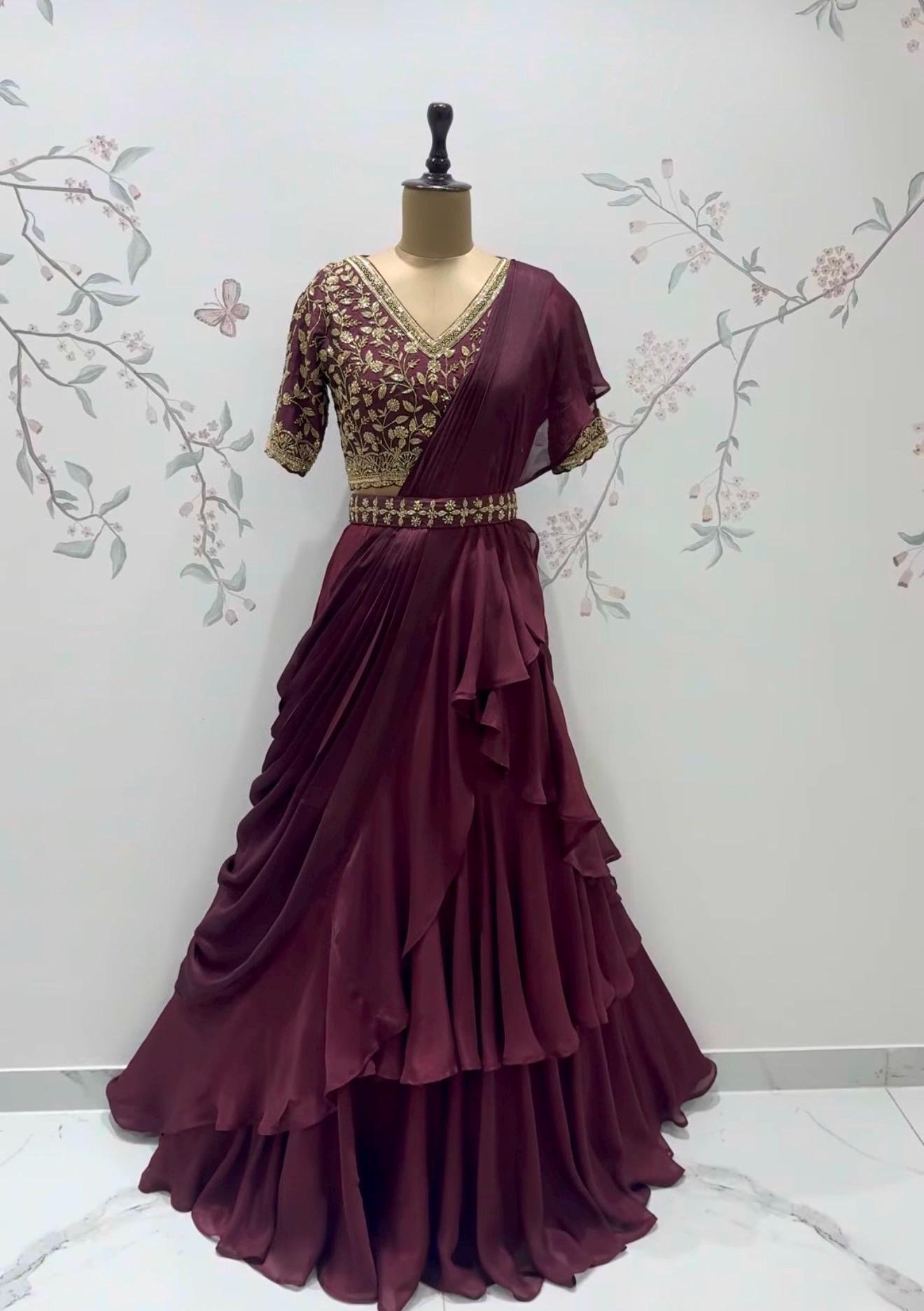 Brown Ruffle Saree: Silk Lehenga Sari with Embroidered Blouse,ready to wear sarees,cocktail saree,lehenga saree,ruffle saree belt,modern sar