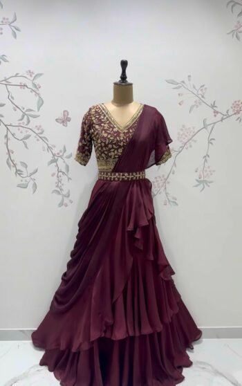 Brown Ruffle Saree: Silk Lehenga Sari with Embroidered Blouse,ready to wear sarees,cocktail saree,lehenga saree,ruffle saree belt,modern sar