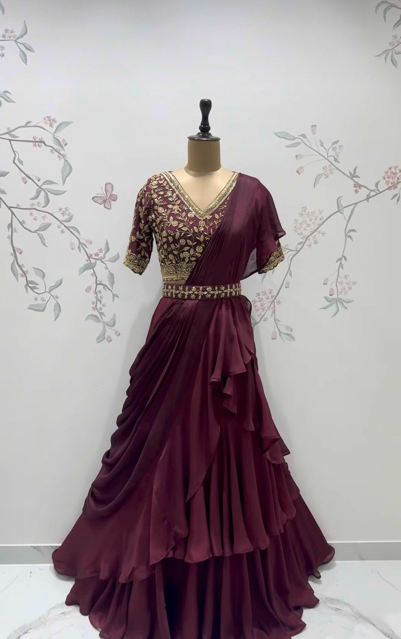 Brown Ruffle Saree: Silk Lehenga Sari with Embroidered Blouse,ready to wear sarees,cocktail saree,lehenga saree,ruffle saree belt,modern sar