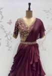 Brown Ruffle Saree: Silk Lehenga Sari with Embroidered Blouse,ready to wear sarees,cocktail saree,lehenga saree,ruffle saree belt,modern sar