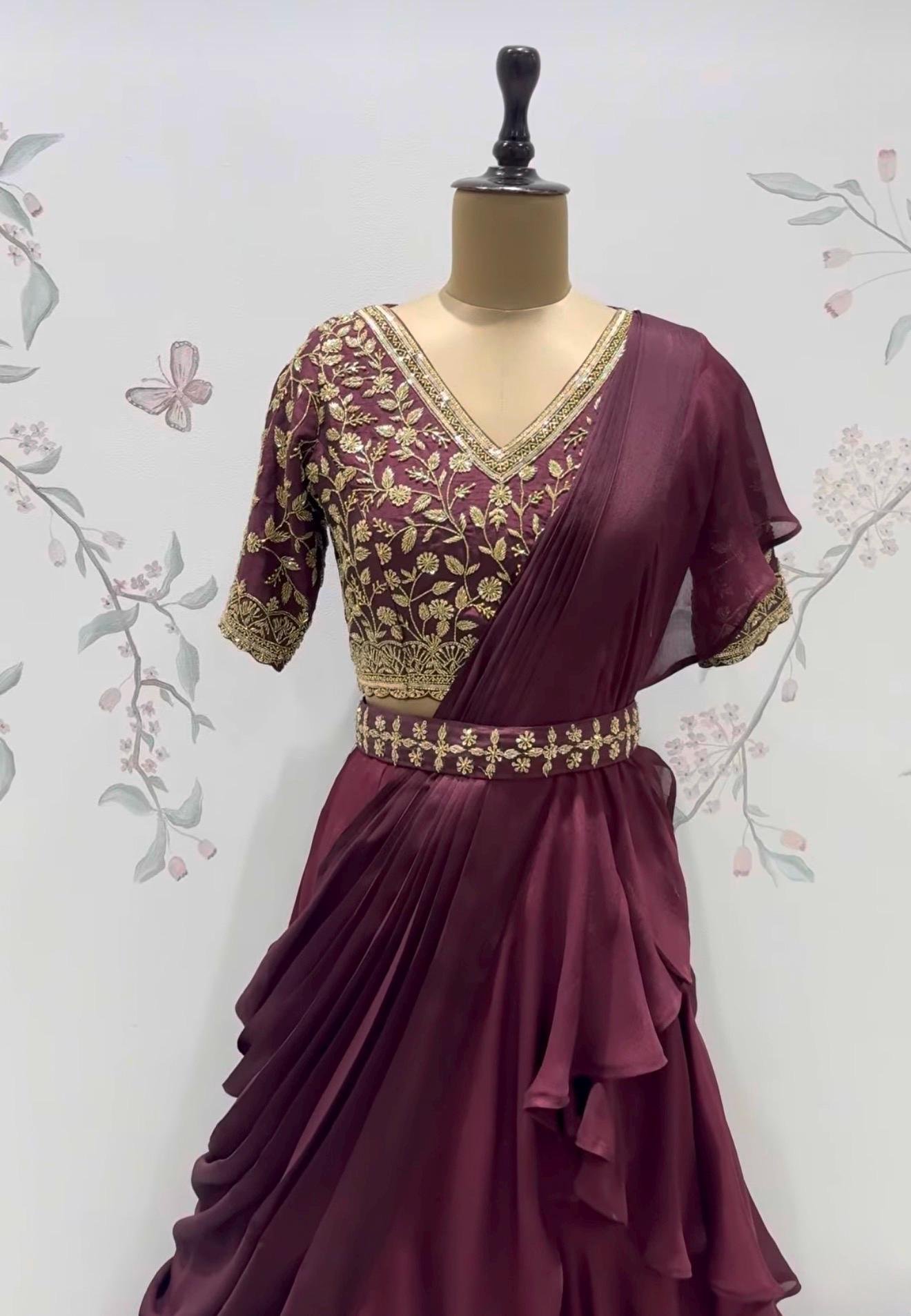 Brown Ruffle Saree: Silk Lehenga Sari with Embroidered Blouse,ready to wear sarees,cocktail saree,lehenga saree,ruffle saree belt,modern sar
