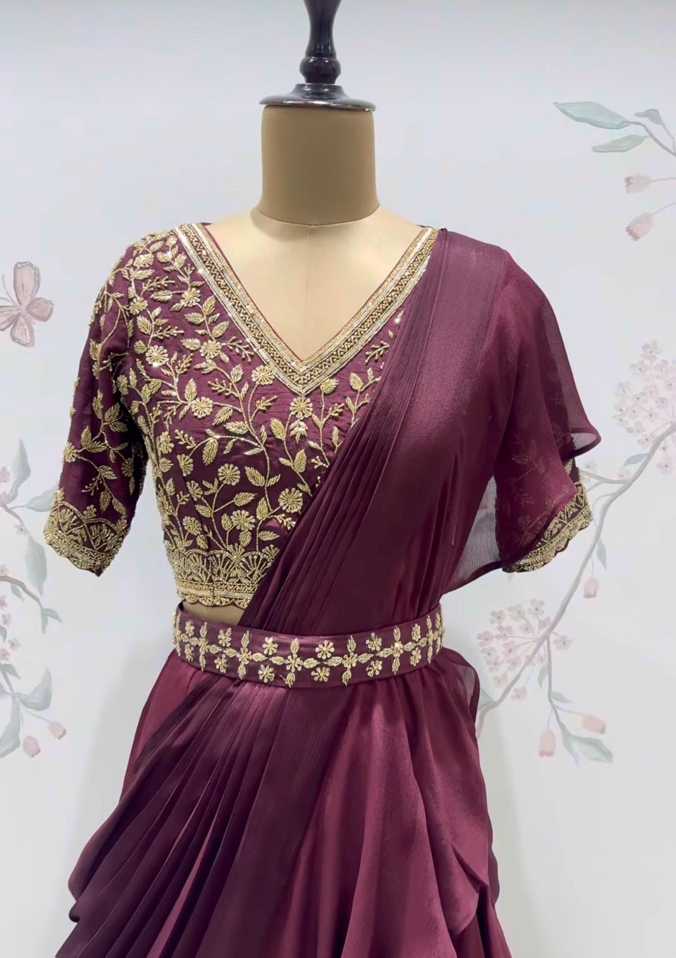 Brown Ruffle Saree: Silk Lehenga Sari with Embroidered Blouse,ready to wear sarees,cocktail saree,lehenga saree,ruffle saree belt,modern sar