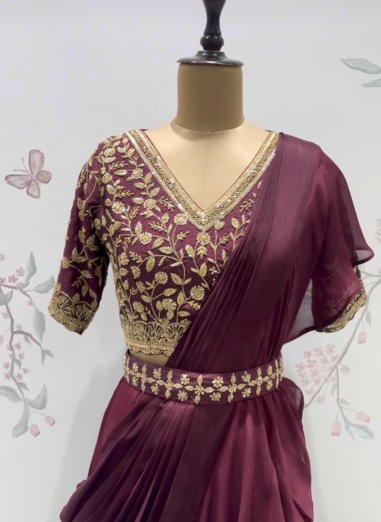 Brown Ruffle Saree: Silk Lehenga Sari with Embroidered Blouse,ready to wear sarees,cocktail saree,lehenga saree,ruffle saree belt,modern sar