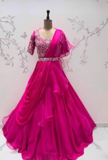 Pink Ruffle Saree: Silk Lehenga Sari with Embroidered Blouse,ready to wear sarees,cocktail saree,lehenga saree,ruffle saree belt,modern sar