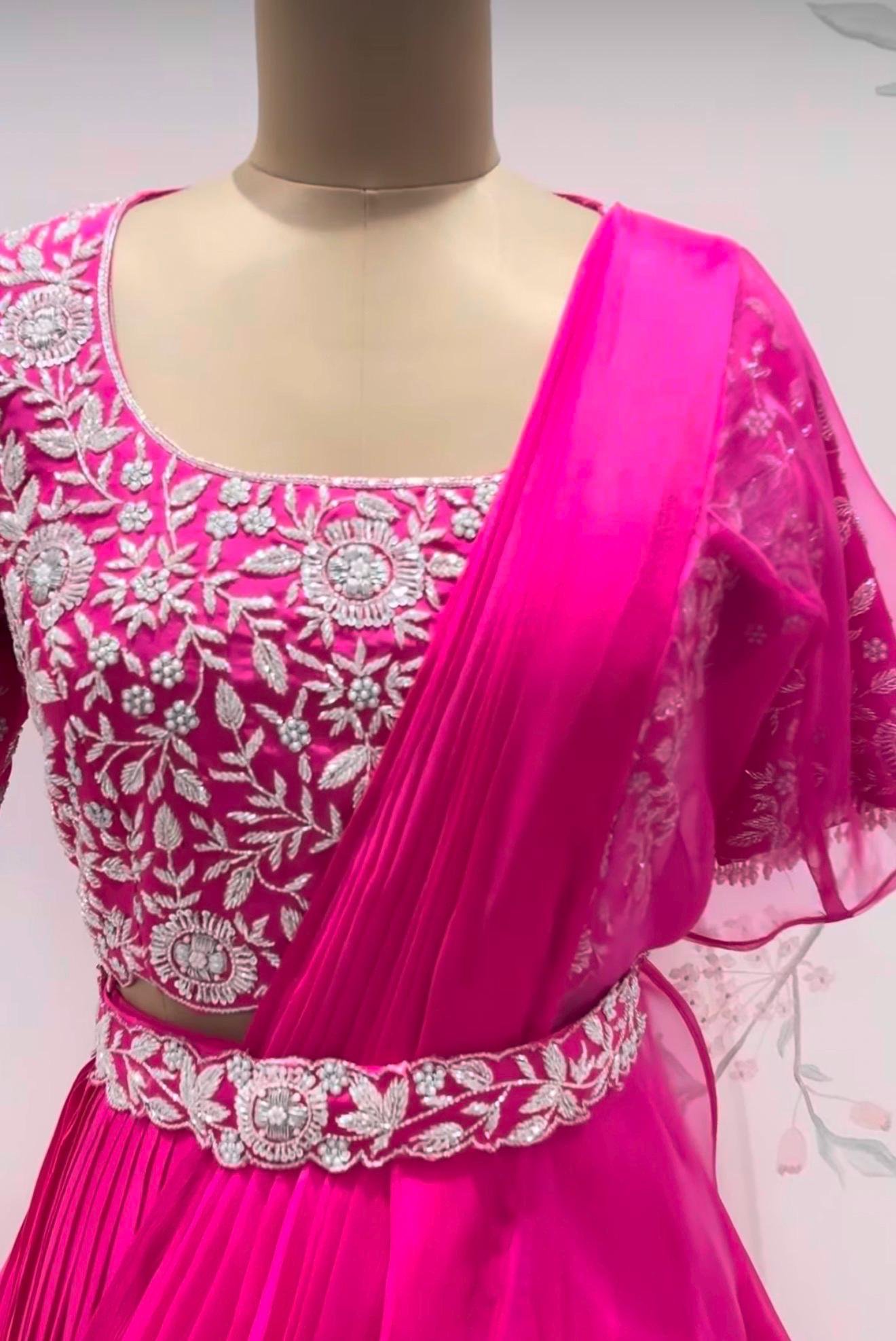 Pink Ruffle Saree: Silk Lehenga Sari with Embroidered Blouse,ready to wear sarees,cocktail saree,lehenga saree,ruffle saree belt,modern sar