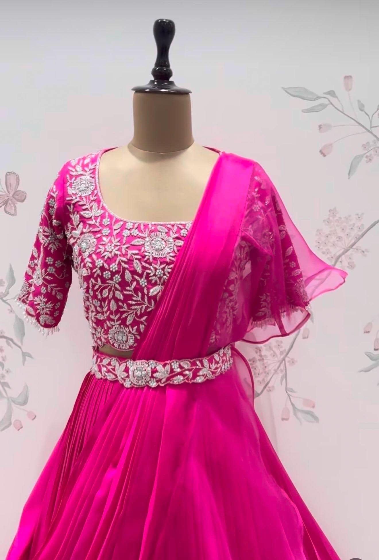 Pink Ruffle Saree: Silk Lehenga Sari with Embroidered Blouse,ready to wear sarees,cocktail saree,lehenga saree,ruffle saree belt,modern sar