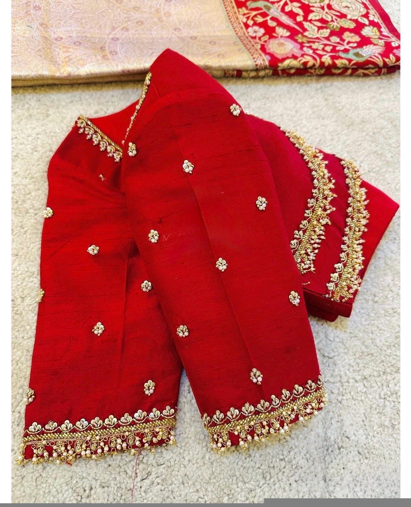 pure silk hand embroidery blouse/saree maggam blouse/red zardosi blouse/red hand embroidered moderblouse/red muggu ready made blouse USA