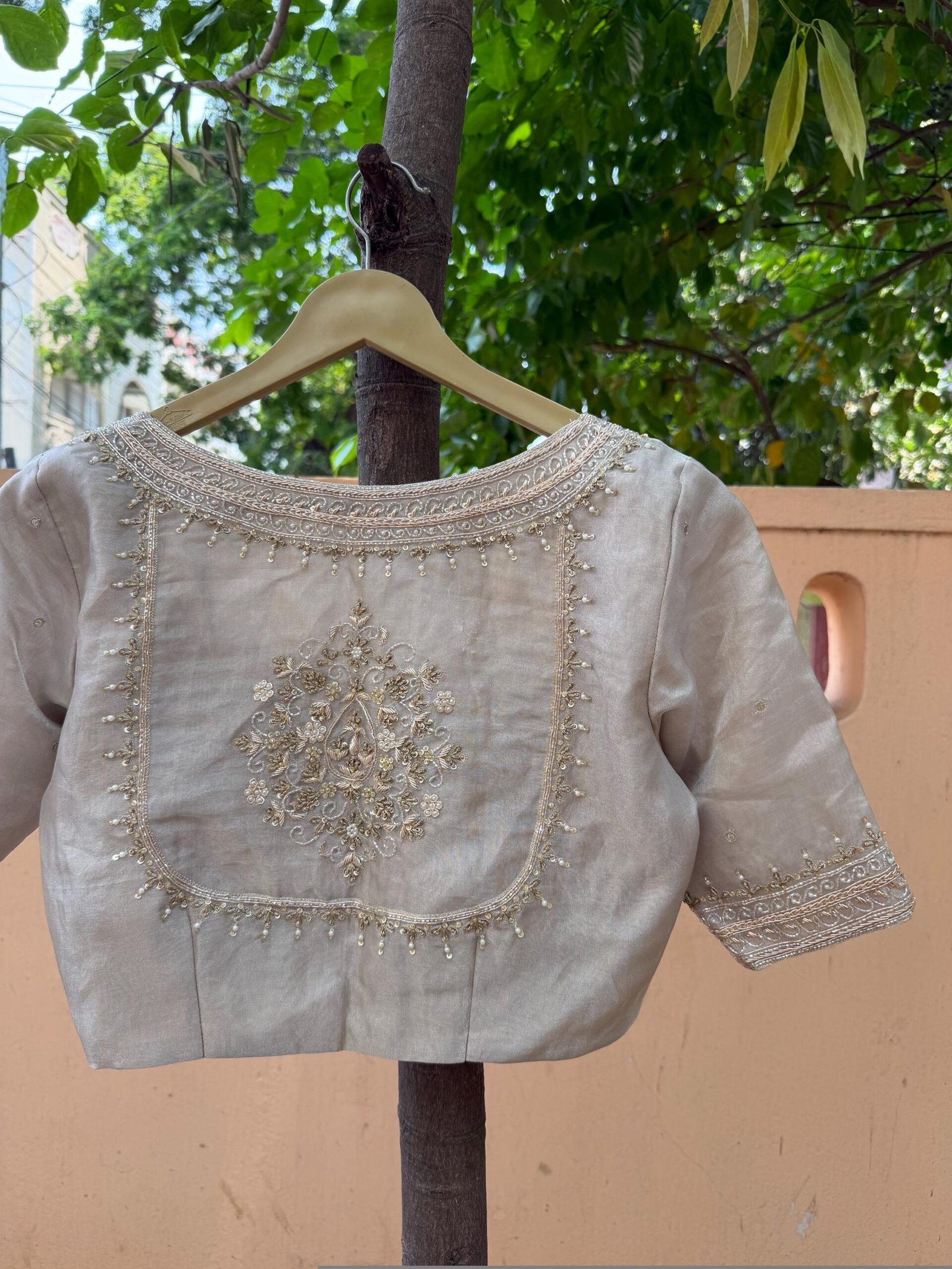 Pure Silk Saree Blouse:Golden Zardosi Hand Embroidery, Elbow Sleeve,golden tissue blouse,handwork blouse,silver blouse,golden blouse USA