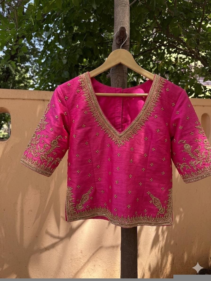Cream hand embroidery long blouse/saree maggam blouse/pure silk zardosi blouse/blue hand embroidered blouse/heavy maggam full sleeve blouse