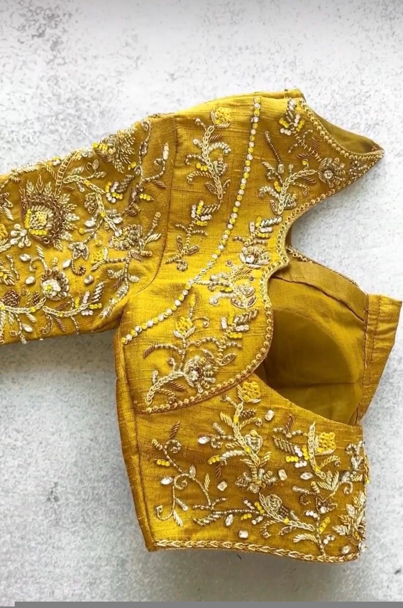 pure silk hand embroidery blouse/saree maggam blouse/yellow zardosi blouse/hand embroidered blouse/mustard yellow ready made blouse zardosi