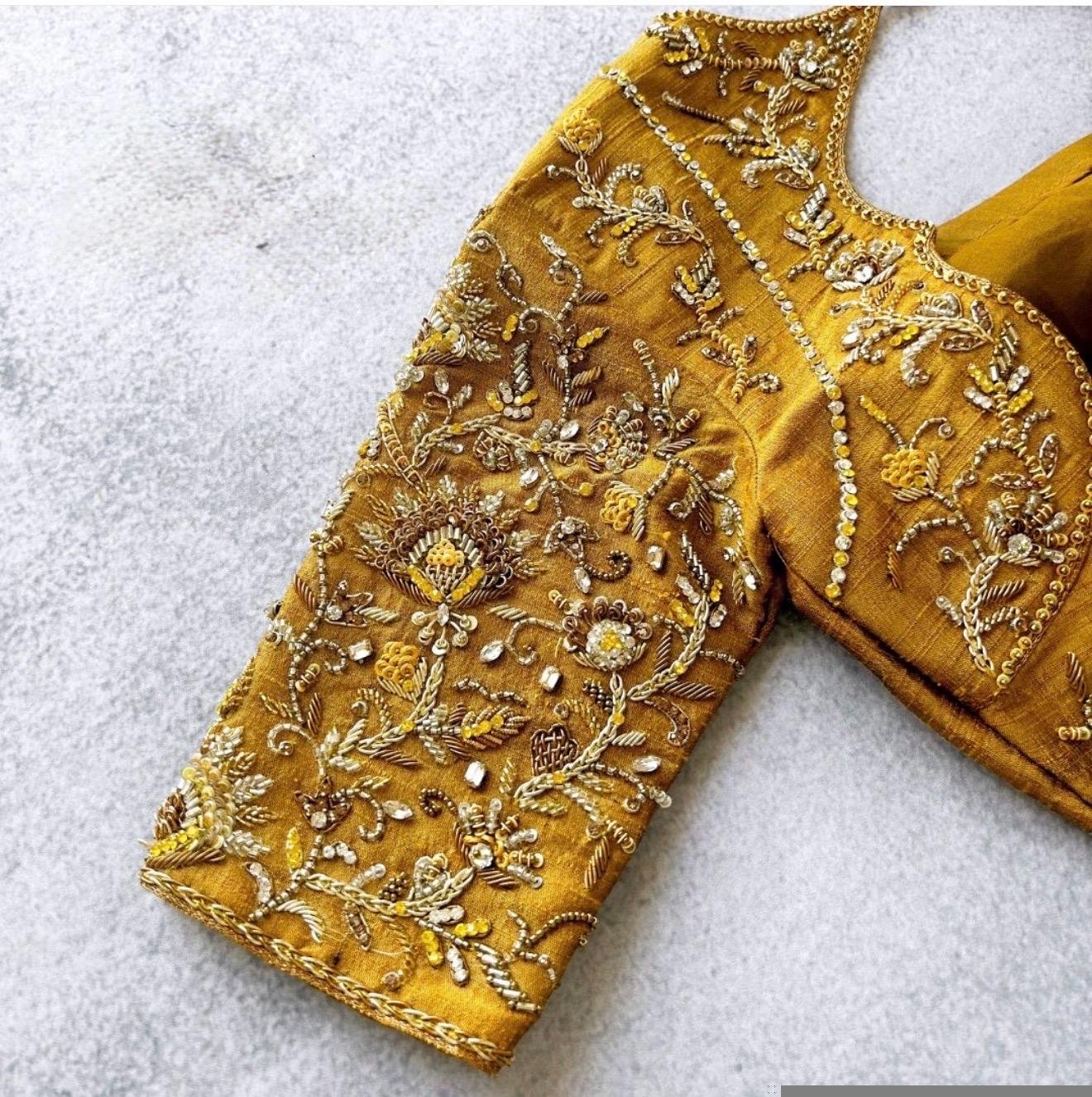 pure silk hand embroidery blouse/saree maggam blouse/yellow zardosi blouse/hand embroidered blouse/mustard yellow ready made blouse zardosi