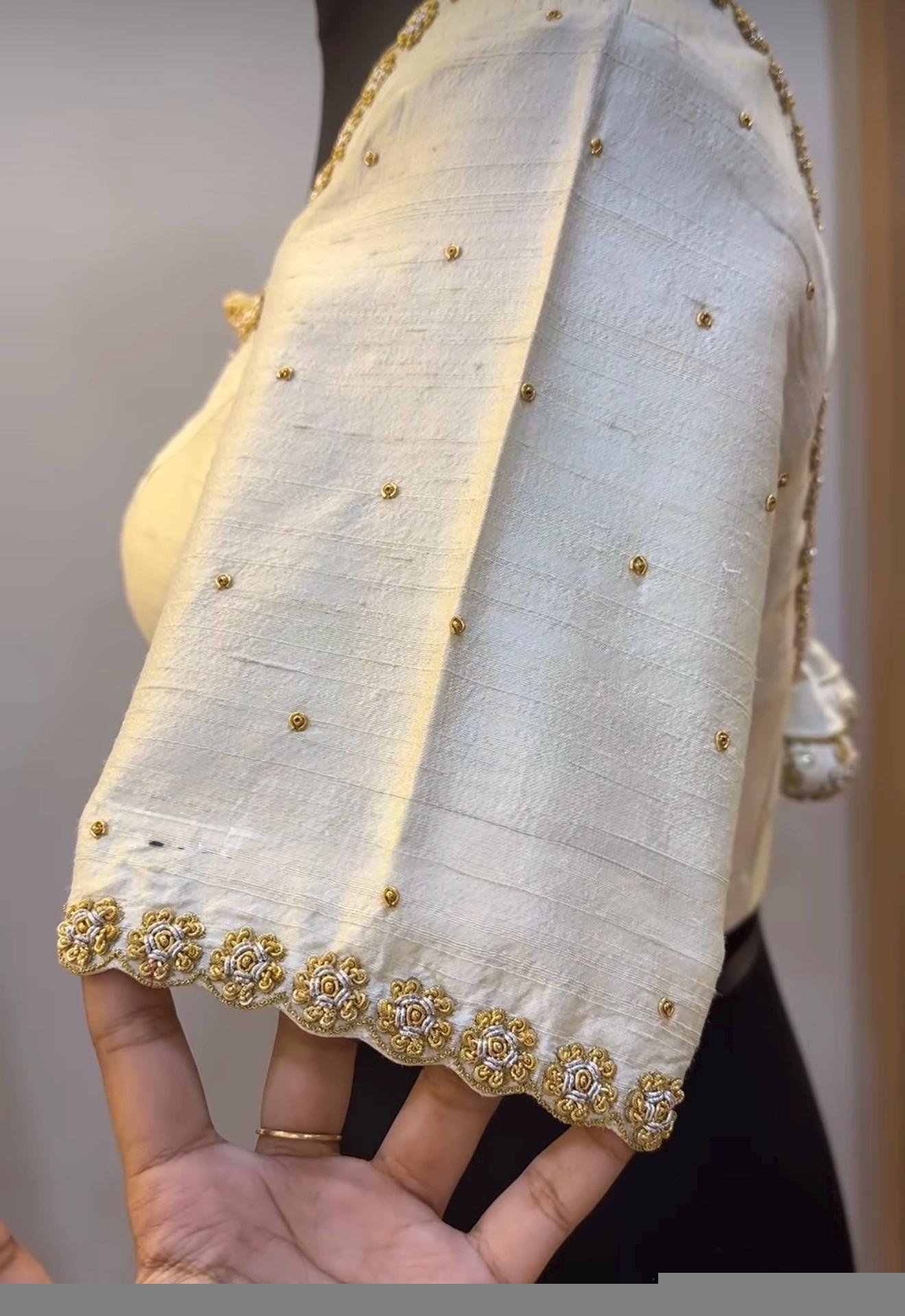 Hand Embroidered Cream Silk Blouse: Zardosi Maggam Work,cream maggam blouse,multicolor blouse,plus size blouse,handwork blouse,beige blouse