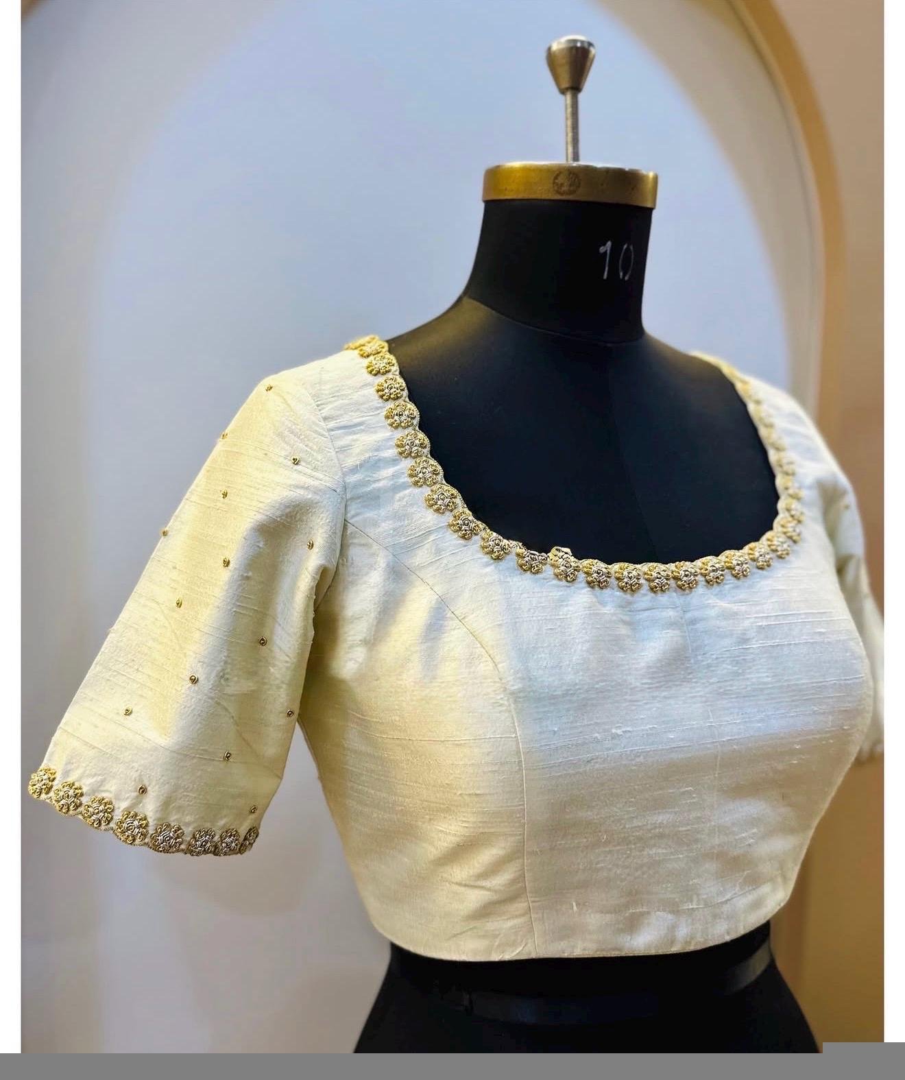 Hand Embroidered Cream Silk Blouse: Zardosi Maggam Work,cream maggam blouse,multicolor blouse,plus size blouse,handwork blouse,beige blouse