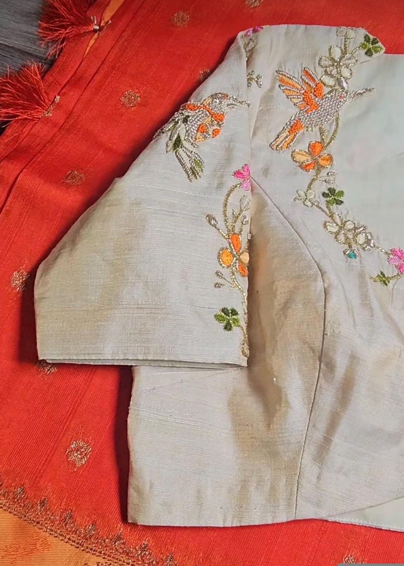 pure silk hand embroidery blouse/modern maggam blouse/multi colored cream zardosi blouse/hand embroidered blouse/off white ready made blouse