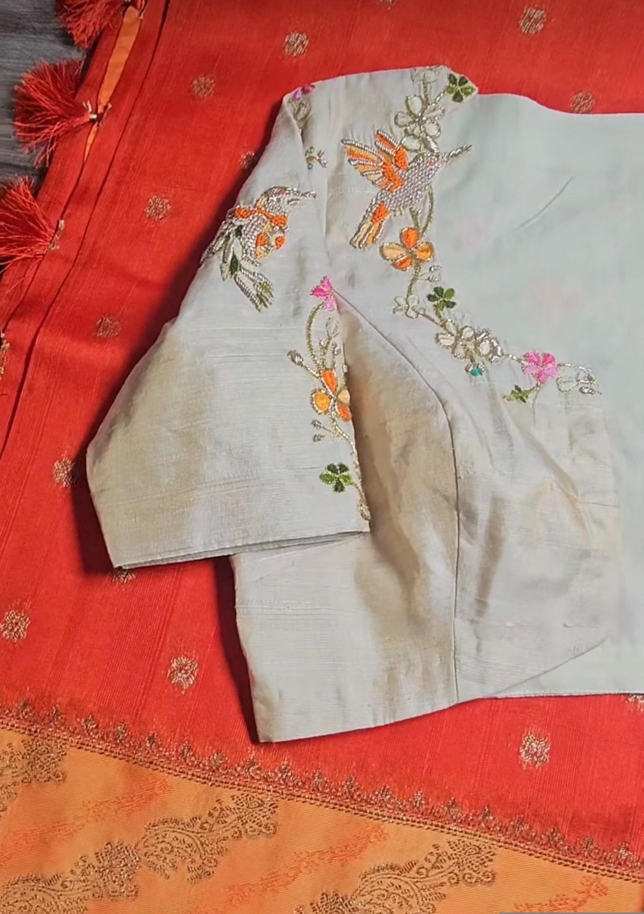 pure silk hand embroidery blouse/modern maggam blouse/multi colored cream zardosi blouse/hand embroidered blouse/off white ready made blouse