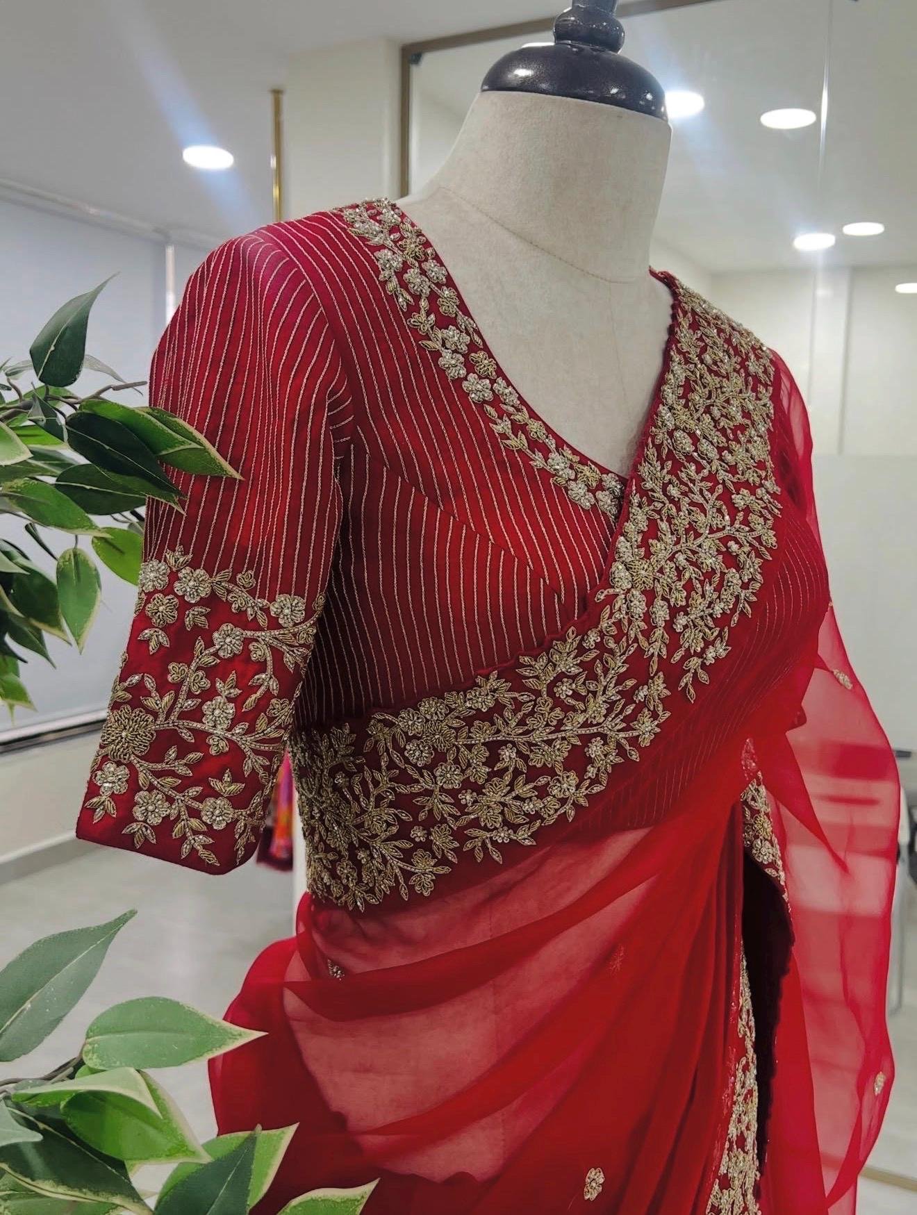 Red Organza Silk Saree:Hand Embroidered Blouse, Indian Wedding Bridal Saree,luxury wedding saree,pure silk saree,cocktail saree,red sari us