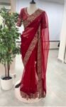 Red Organza Silk Saree:Hand Embroidered Blouse, Indian Wedding Bridal Saree,luxury wedding saree,pure silk saree,cocktail saree,red sari us