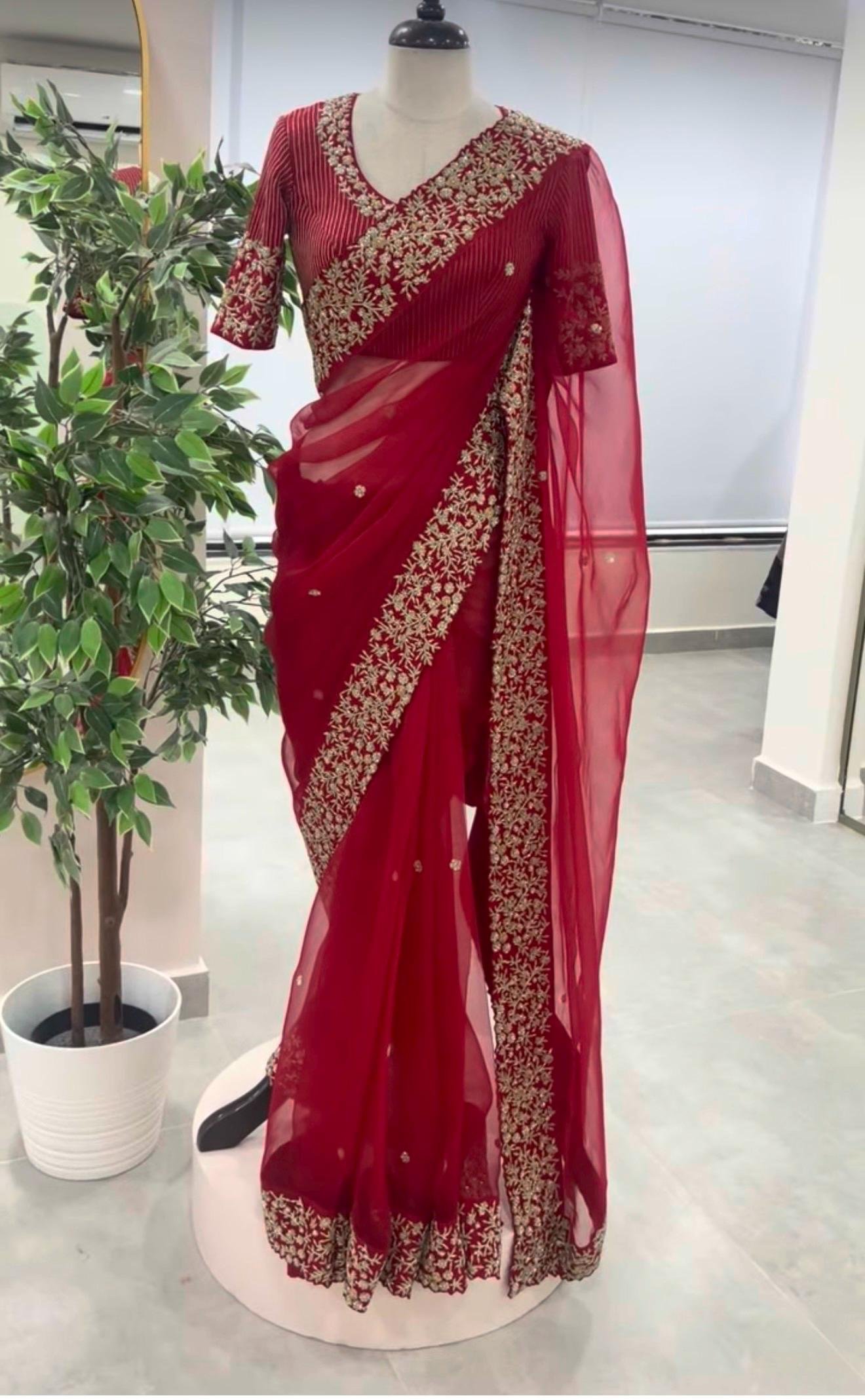 Red Organza Silk Saree:Hand Embroidered Blouse, Indian Wedding Bridal Saree,luxury wedding saree,pure silk saree,cocktail saree,red sari us