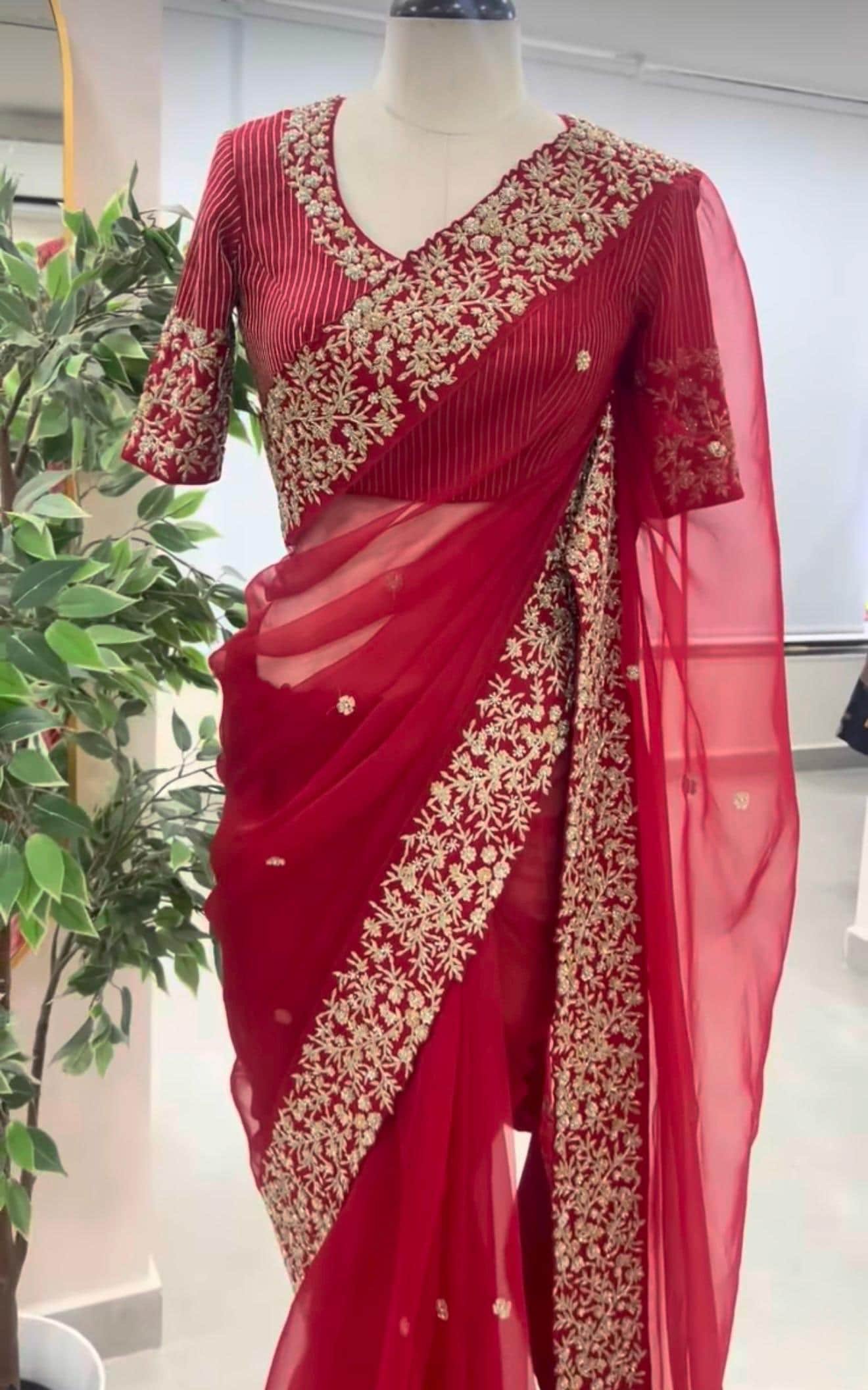 Red Organza Silk Saree:Hand Embroidered Blouse, Indian Wedding Bridal Saree,luxury wedding saree,pure silk saree,cocktail saree,red sari us