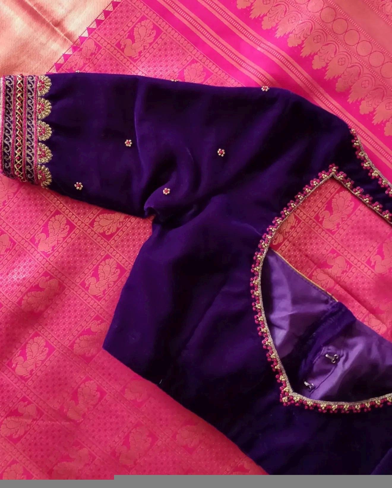 Purple Velvet Saree Blouse: Hand Embroidered Zardosi Maggam,purple maggam blouse,mix and match saree blouse,plus size blouse,pure velvet